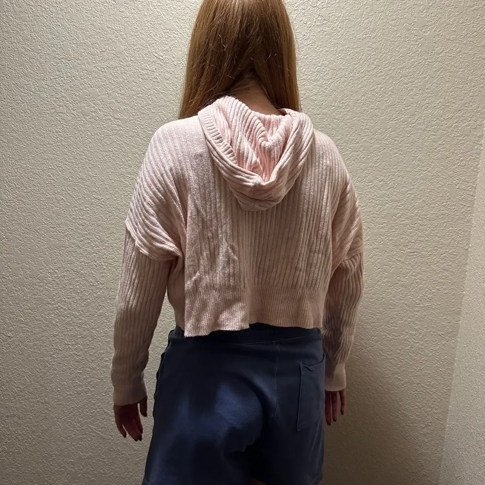 Aerie offline alpaca blend cropped hoody ribbed sweater pink L